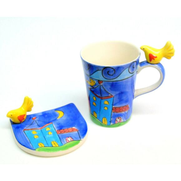 Herman Dodge & Son Coffee Mug Saucer Set Yellow Bird Tea Cup Coaster Plate Blue - Picture 1 of 8
